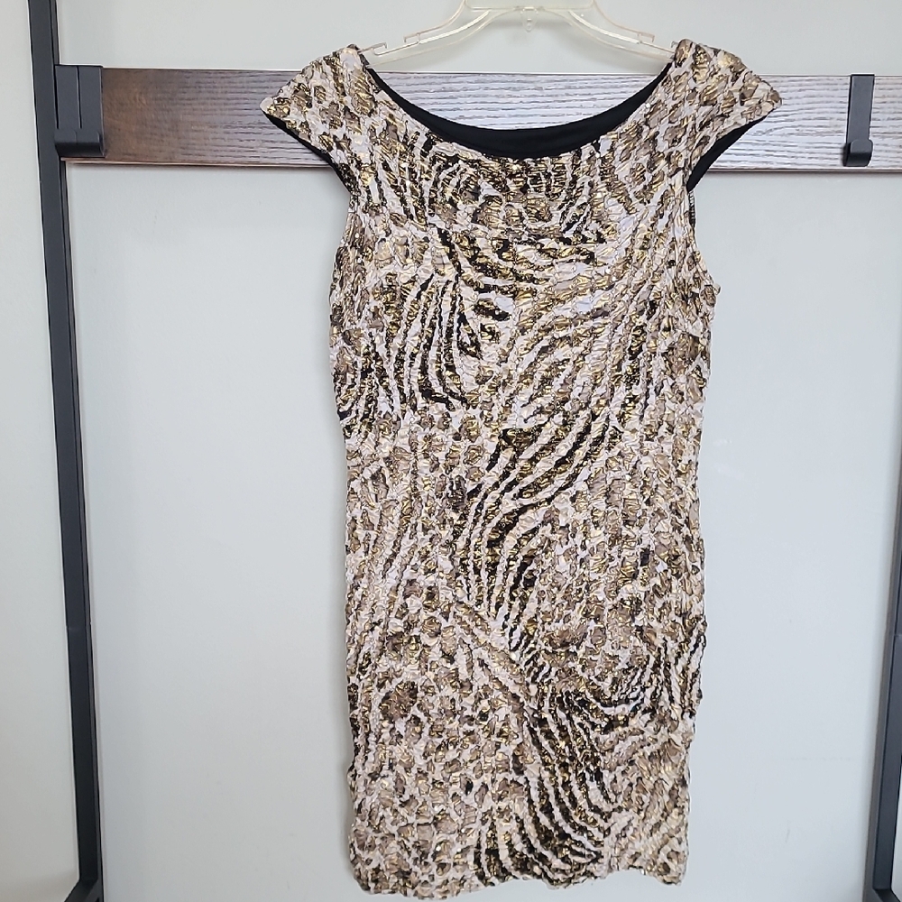 Y2K Animal Sequin Metallic Cream and Black Sheath Mini Dress for Cocktail Nights